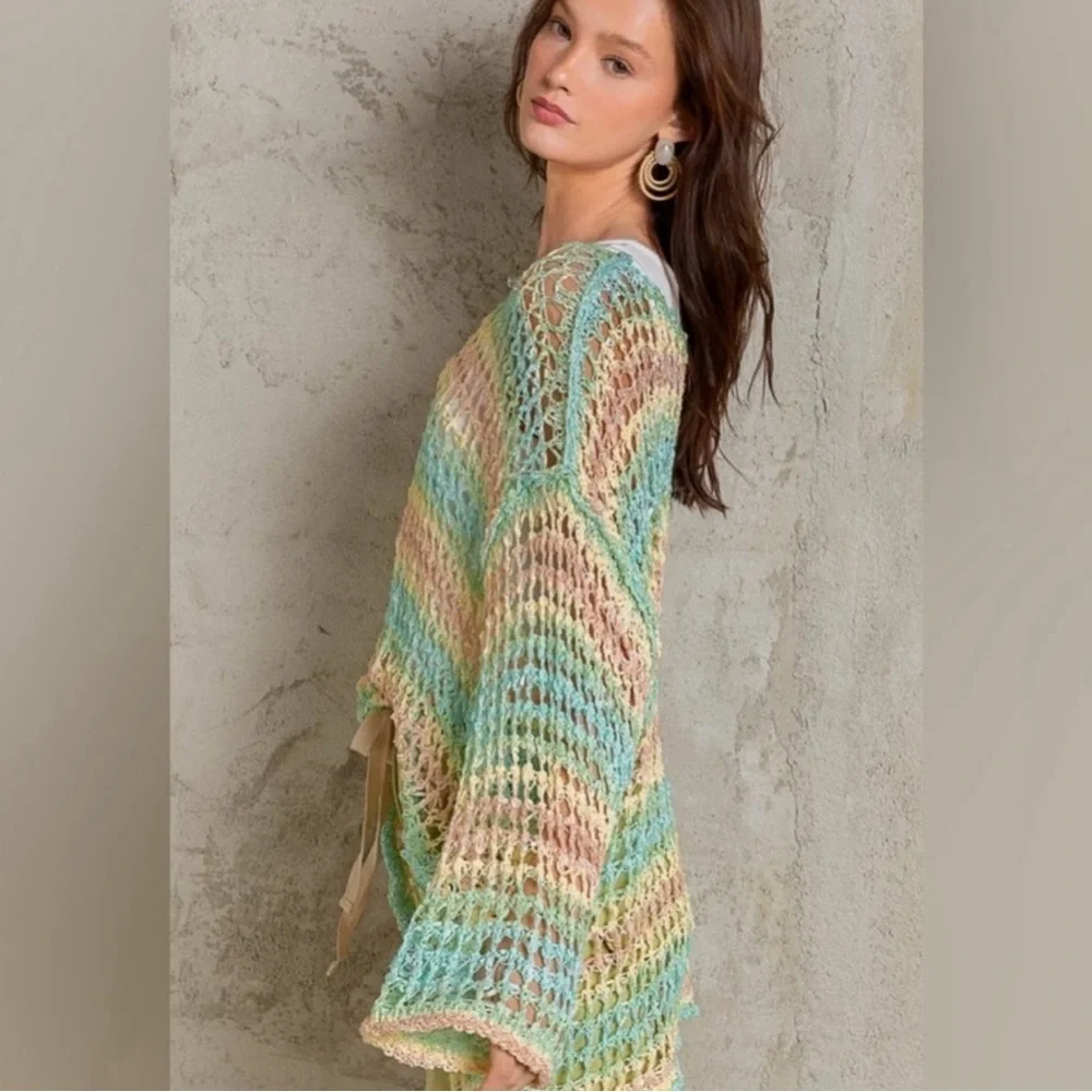 POL Colorful Crochet Open Knit Sweater | Vibrant Layering Top - Picture 4 of 5